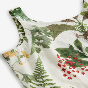 Cream and Green Palm Floral Kew Collection Scoop Back Mini Shift Dress With Linen