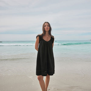 Black V-Neck Ruffle Sleeve Mini Dress with Linen