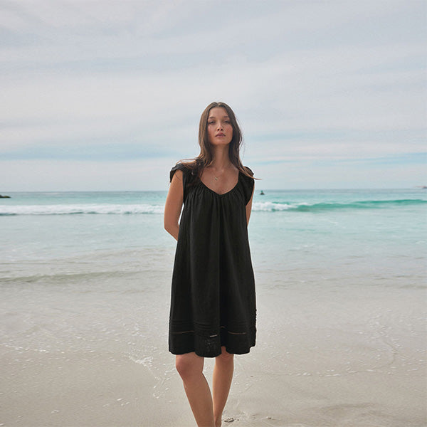 Black V-Neck Ruffle Sleeve Mini Dress with Linen