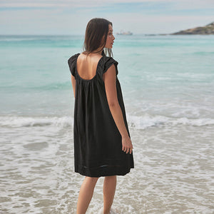 Black V-Neck Ruffle Sleeve Mini Dress with Linen