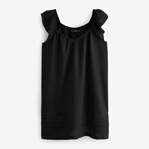 Black V-Neck Ruffle Sleeve Mini Dress with Linen