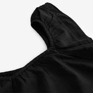Black V-Neck Ruffle Sleeve Mini Dress with Linen