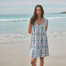 Load image into Gallery viewer, Blue Floral Print V-Neck Ruffle Sleeve Mini Dress with Linen
