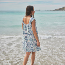 Load image into Gallery viewer, Blue Floral Print V-Neck Ruffle Sleeve Mini Dress with Linen
