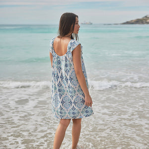 Blue Floral Print V-Neck Ruffle Sleeve Mini Dress with Linen