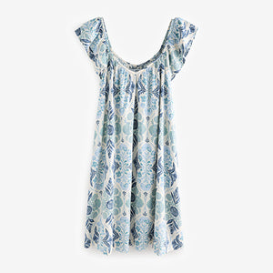 Blue Floral Print V-Neck Ruffle Sleeve Mini Dress with Linen