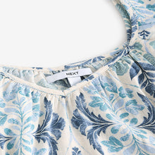 Load image into Gallery viewer, Blue Floral Print V-Neck Ruffle Sleeve Mini Dress with Linen
