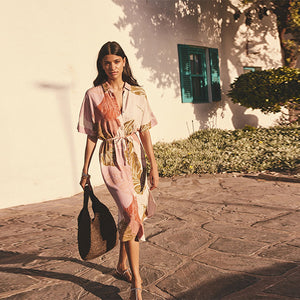 Cream Palm Print Short Sleeve Tie Waist Midi Dress with Linen