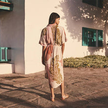 Load image into Gallery viewer, Cream Palm Print Short Sleeve Tie Waist Midi Dress with Linen

