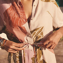 Load image into Gallery viewer, Cream Palm Print Short Sleeve Tie Waist Midi Dress with Linen

