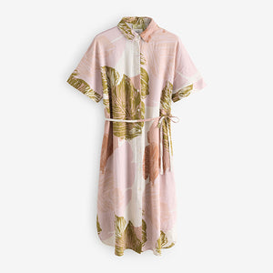 Cream Palm Print Short Sleeve Tie Waist Midi Dress with Linen