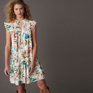 Cream/Blue/Pink Vintage Floral Print Boho Frill Detail Lace Insert Mini Dress with Linen