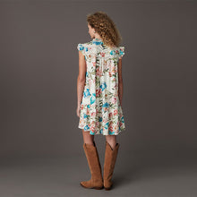 Load image into Gallery viewer, Cream/Blue/Pink Vintage Floral Print Boho Frill Detail Lace Insert Mini Dress with Linen
