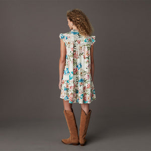 Cream/Blue/Pink Vintage Floral Print Boho Frill Detail Lace Insert Mini Dress with Linen