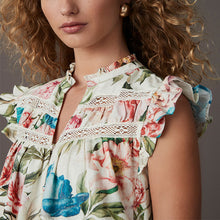 Load image into Gallery viewer, Cream/Blue/Pink Vintage Floral Print Boho Frill Detail Lace Insert Mini Dress with Linen
