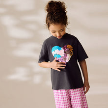 Load image into Gallery viewer, Charcoal Grey Sequin Heart Print T-Shirt (5-11yrs)
