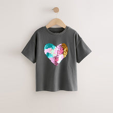 Load image into Gallery viewer, Charcoal Grey Sequin Heart Print T-Shirt (5-11yrs)
