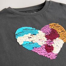 Load image into Gallery viewer, Charcoal Grey Sequin Heart Print T-Shirt (5-11yrs)
