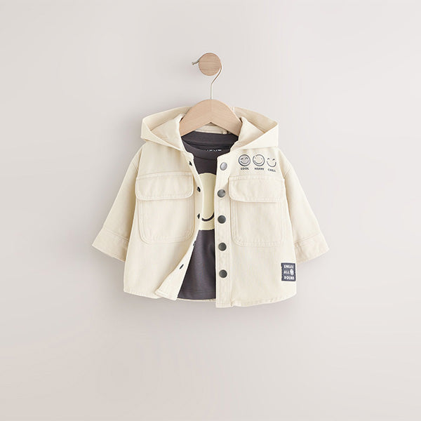 Ecru 100% Cotton Twill Hooded Overshirt and T-Shirt Set