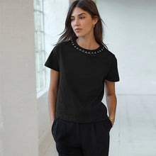 Load image into Gallery viewer, Black/Gold Chain Neck Detail 100% Cotton T-Shirt
