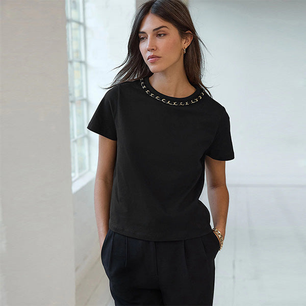 Black/Gold Chain Neck Detail 100% Cotton T-Shirt