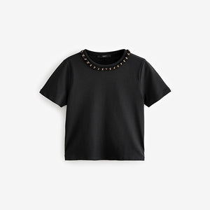 Black/Gold Chain Neck Detail 100% Cotton T-Shirt