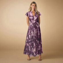 Load image into Gallery viewer, Pink/Purple Pleated Mesh Print V-Neck Occasion Midi Dress
