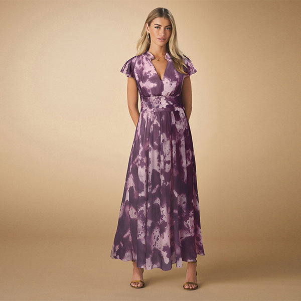 Pink/Purple Pleated Mesh Print V-Neck Occasion Midi Dress