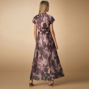 Pink/Purple Pleated Mesh Print V-Neck Occasion Midi Dress