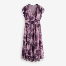 Load image into Gallery viewer, Pink/Purple Pleated Mesh Print V-Neck Occasion Midi Dress
