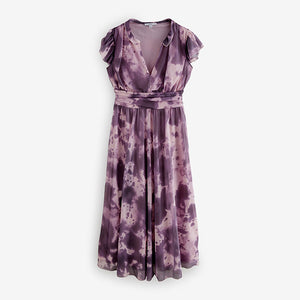 Pink/Purple Pleated Mesh Print V-Neck Occasion Midi Dress