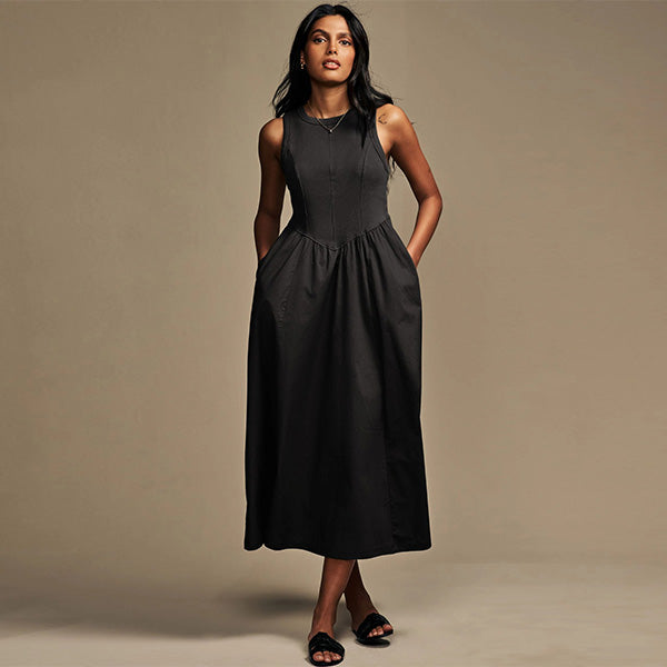 Black Woven Jersey Mix Sleeveless Racer Ribbed Midi Dress