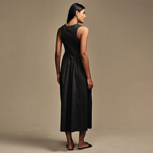Load image into Gallery viewer, Black Woven Jersey Mix Sleeveless Racer Ribbed Midi Dress
