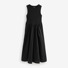 Load image into Gallery viewer, Black Woven Jersey Mix Sleeveless Racer Ribbed Midi Dress
