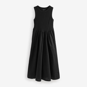 Black Woven Jersey Mix Sleeveless Racer Ribbed Midi Dress