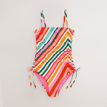 Load image into Gallery viewer, Bright Multicolour Stripe Bandeau Ruched Leg Tummy Control Shaping Swimsuit
