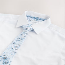Load image into Gallery viewer, White/Blue ditsy floral tie Slim Fit Occasion Shirt And Tie Set
