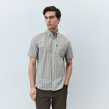 Load image into Gallery viewer, Navy/ Neutral Gingham Check Regular Fit Easy Iron Button Down Short Sleeve Oxford Shirt

