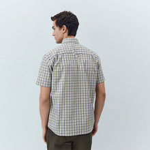 Load image into Gallery viewer, Navy/ Neutral Gingham Check Regular Fit Easy Iron Button Down Short Sleeve Oxford Shirt
