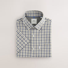 Load image into Gallery viewer, Navy/ Neutral Gingham Check Regular Fit Easy Iron Button Down Short Sleeve Oxford Shirt
