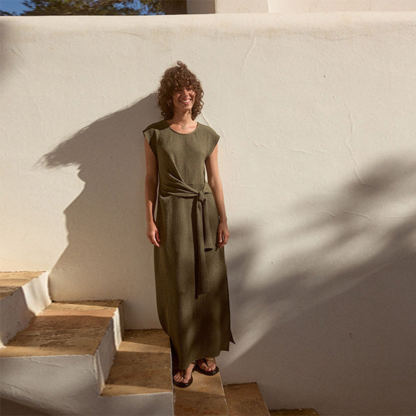 Khaki Green Textured Tie Waist T Dress