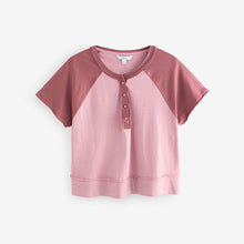 Load image into Gallery viewer, Pink Shorter Length Raglan Colourblock Short Sleeve Button Henley T-Shirt
