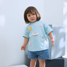 Load image into Gallery viewer, Blue Crochet Rainbow Flowers Short Sleeve T-Shirt (3mths-6yrs)
