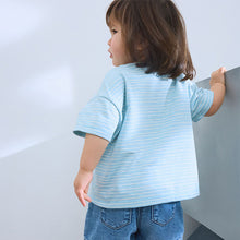 Load image into Gallery viewer, Blue Crochet Rainbow Flowers Short Sleeve T-Shirt (3mths-6yrs)
