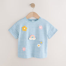 Load image into Gallery viewer, Blue Crochet Rainbow Flowers Short Sleeve T-Shirt (3mths-6yrs)
