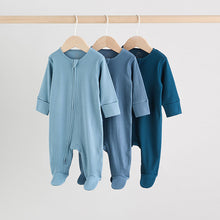 Load image into Gallery viewer, Blue 3 Pack Baby Two Way Zip Sleepsuits (0-18mths)
