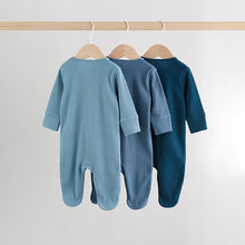 Load image into Gallery viewer, Blue 3 Pack Baby Two Way Zip Sleepsuits (0-18mths)
