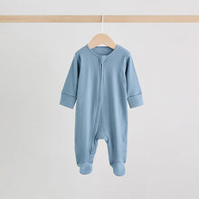 Load image into Gallery viewer, Blue 3 Pack Baby Two Way Zip Sleepsuits (0-18mths)
