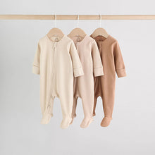 Load image into Gallery viewer, Beige Baby Two Way Zip Sleepsuits 3 Pack (0-18mths)
