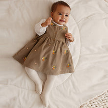 Load image into Gallery viewer, Olive Green Embroidered Baby Cord Pinafore Long Sleeve Bodysuit &amp; Tights Set (0-18mths)

